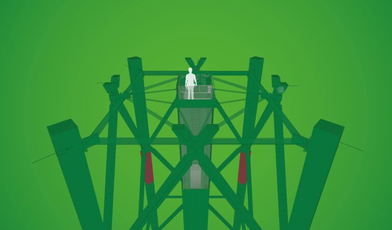 Open interior assembly of the wood-hybrid tower – rendering with green background.